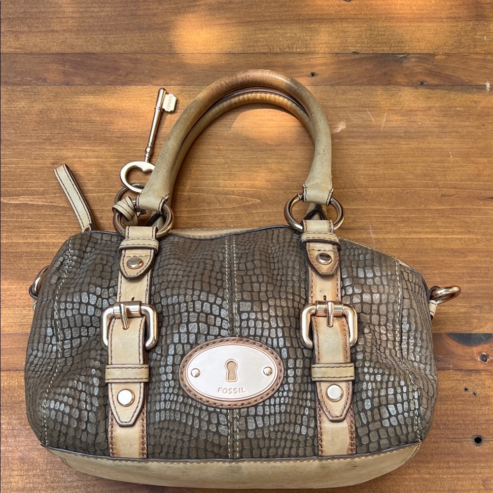 Fossil Croc-Embossed Brown Tan Satchel